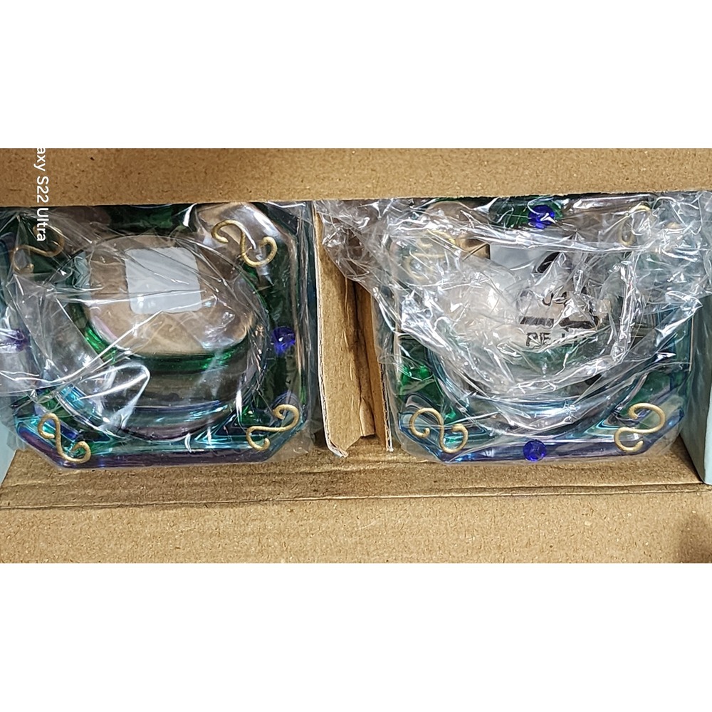 PartyLite Green Purple Glass Tealight Candle Holder Set of 2 Gold Scroll Gem - Picture 2 of 5